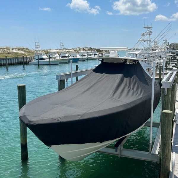 Contender 31 Open T-Top boat cover in Charcoal Sunbrella fabric