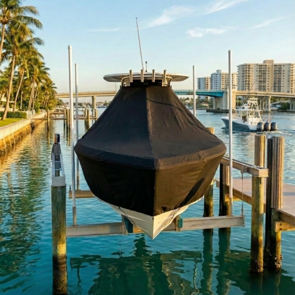 Contender 32 ST T-Top boat cover in Black Sunbrella fabric