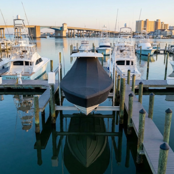 Contender 33 Tournament T-Top boat cover in Charcoal Sunbrella fabric