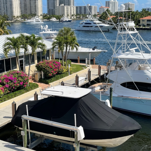 Contender 36 FA T-Top boat cover in Black Sunbrella fabric