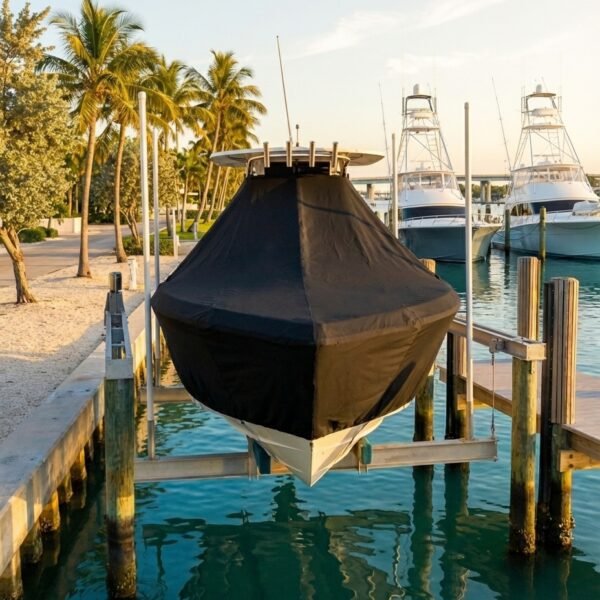 Contender 39 T-Top boat cover in Navy Sunbrella fabric