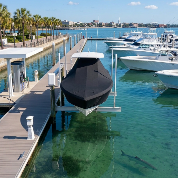 Marina scene with a black boat suspended over turquoise water, dock extending along palm-lined promenade and yachts moored on the right; a large fish swims beneath the surface near the dock (likely a shark).