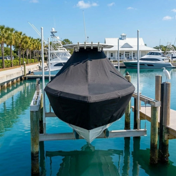 A covered boat docked at a marina with turquoise water, palm trees, and a white building in the background.