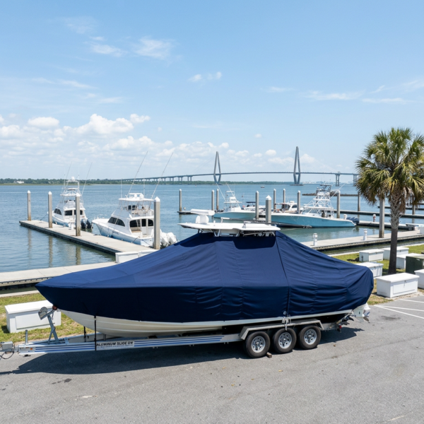 Covered boat on a trailer at a marina with docks and a bridge in the background, blue sky above