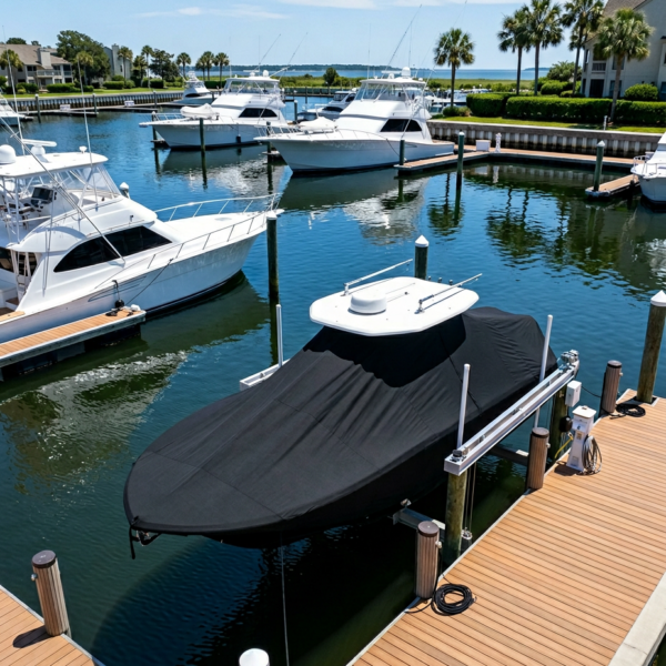 Covered powerboat moored to a wooden dock in a marina with white yachts and palm trees in the background.