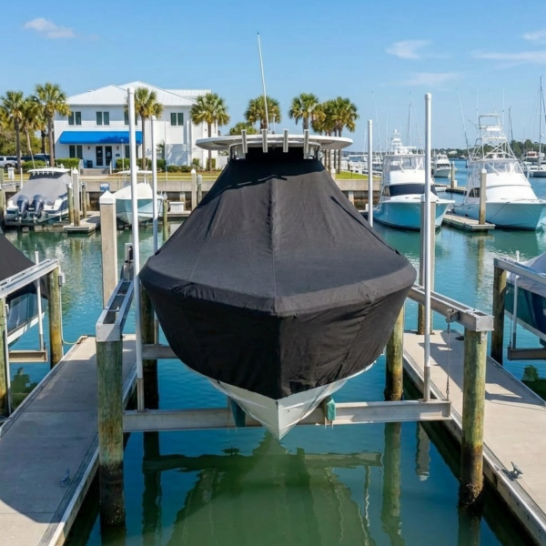 Boat covered in a black tarp on a lift at a sunny marina, with calm green water and neighboring boats nearby.