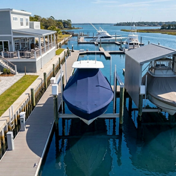Blue motorboat on a lift at a marina with docks, pilings, and a gray waterfront house nearby on a sunny day.
