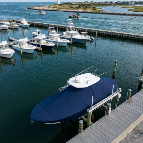 Marina with white boats and a large blue-covered boat at the dock; lighthouse on a spit in the background under a clear sky