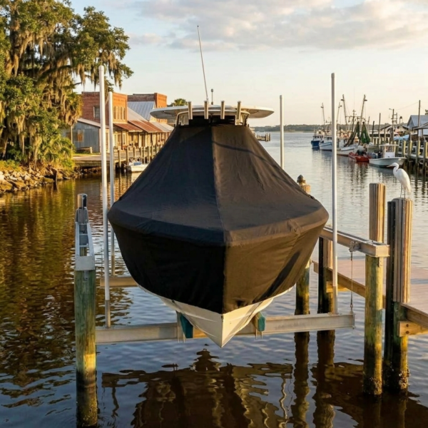 Covered boat on a lift at a calm marina with wooden docks and water reflections