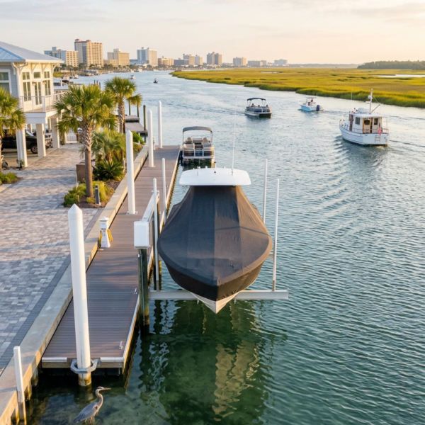 Boathouse dock with a covered boat on a lift along a canal; calm water and distant buildings in a coastal town.