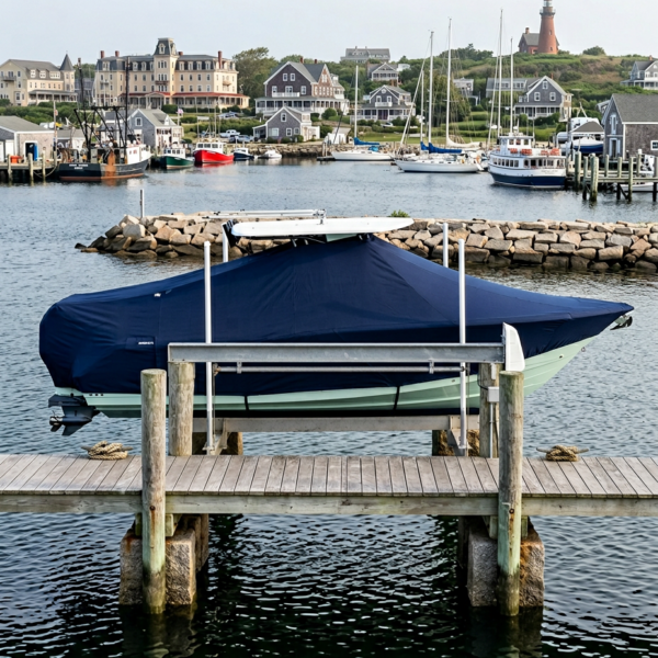 A boat covered with a dark blue tarp on a wooden dock over calm harbor water, with houses and a lighthouse in the background.