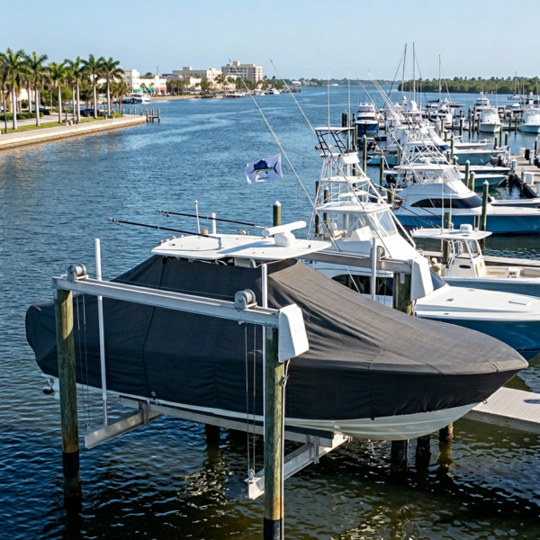 Covered motorboat on a lift at a marina with calm water and palm-lined shore in the background, other boats docked nearby