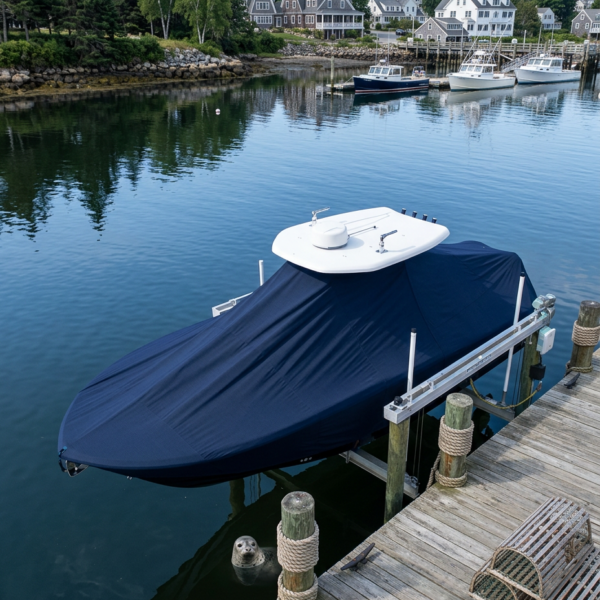 Blue-covered motorboat moored to a wooden dock in a calm harbor, with a white radar arch visible on the cover and waterfront houses in the background, trees beyond.