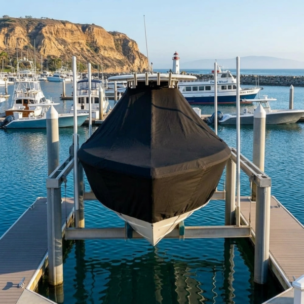Covered boat on a lift at a marina with blue water and docked boats nearby; rocky cliffs and a lighthouse in the distance.