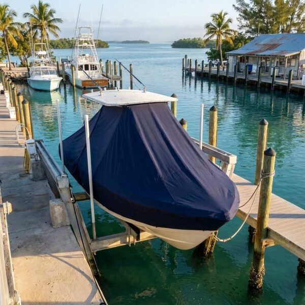 Intrepid 32 T-Top boat cover in Navy Sunbrella fabric on dock lift at Islamorada, Florida