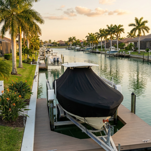 Nor-Tech 340 Sport T-Top boat cover in Black Sunbrella fabric on dock lift at Cape Coral, Florida