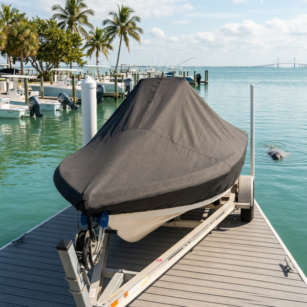 Boat on a trailer covered with a dark gray cover at a marina dock, turquoise water and palm trees in the background.