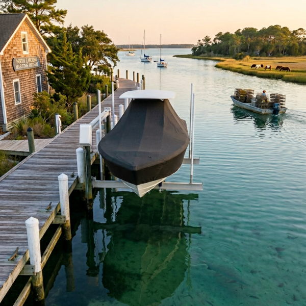 Dock extending into calm turquoise harbor with a covered bowrider boat on a davit, a wooden museum building nearby, and sailboats in the distance at sunset.