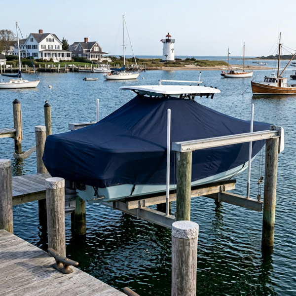 Boat covered with navy tarp on a wooden dock overlooking a harbor with a lighthouse in the distance.