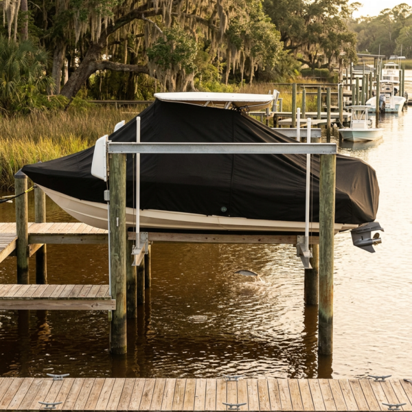 Covered motorboat on a wooden dock by calm water, with trees in the background and other boats in the distance