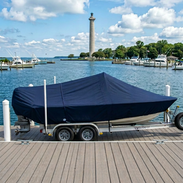 Covered boat on a dual-axle trailer docked at a marina with calm water and a tall column monument in the distance.