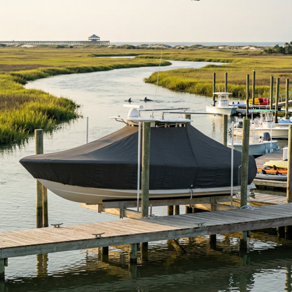Boat docked on a wooden pier with a dark cover, calm water, marsh grass in the background, and a distant pier.