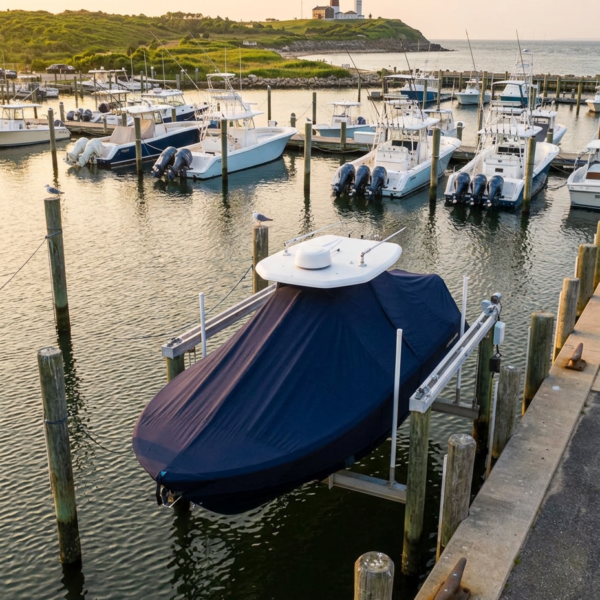 A marina with several anchored white boats and a large blue-covered boat on a lift in the foreground, lighthouse on a grassy hill in the distance at sunset.