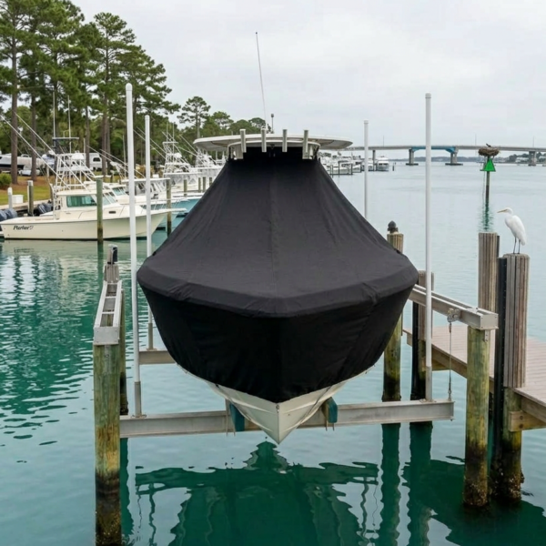 A motorboat covered with a black tarp on a boat lift at a marina, calm turquoise water reflecting the scene.