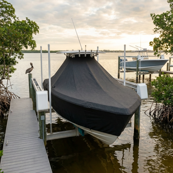 Pathfinder 2000 T-Top boat cover in Charcoal Sunbrella fabric on dock lift at Fort Pierce, Florida