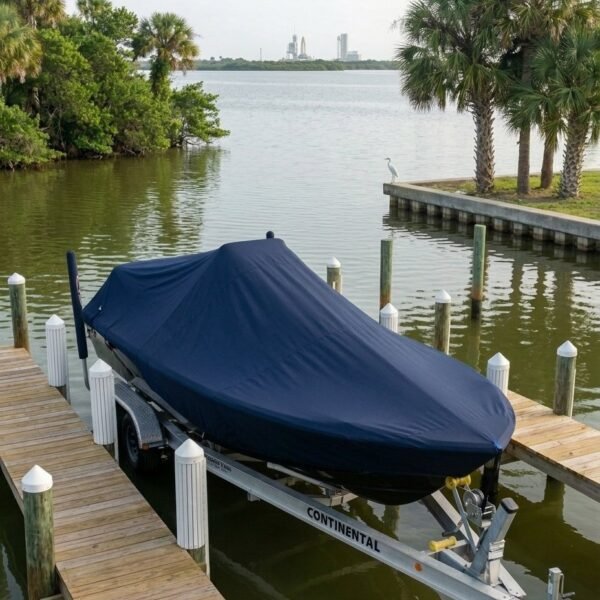 Pathfinder 2005 TRS center console boat cover in Navy Sunbrella fabric at Titusville, Florida
