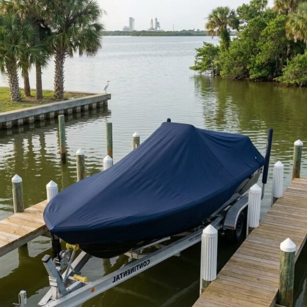 Pathfinder 2200 Carolina Bay center console boat cover in Black Sunbrella fabric at Beaufort, South Carolina