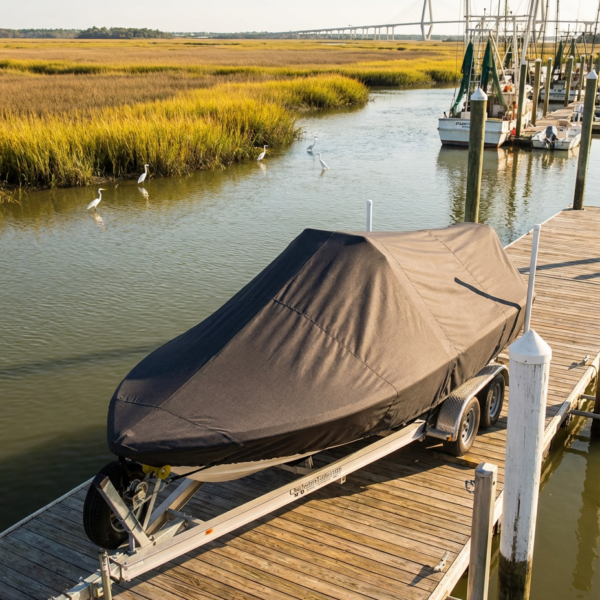Pathfinder 2200 TRS center console boat cover in Charcoal Sunbrella fabric at Charleston, South Carolina