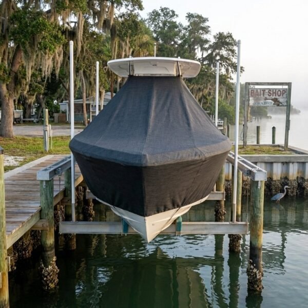 Pathfinder 2200 V T-Top boat cover in Charcoal Sunbrella fabric on dock lift at Jensen Beach, Florida