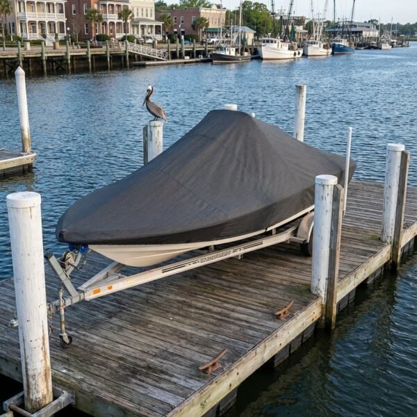 Pathfinder 2300 HPS center console boat cover in Charcoal Sunbrella fabric at Fernandina Beach, Florida