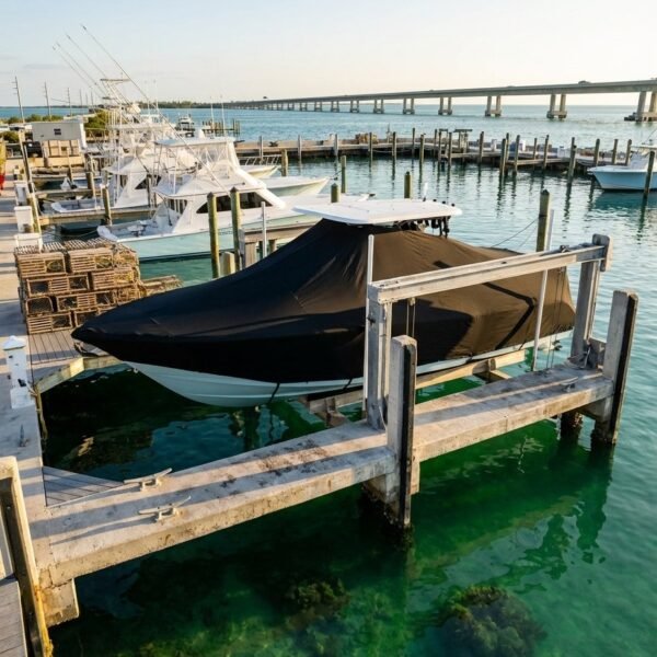Pathfinder 2300 HPS T-Top boat cover in Black Sunbrella fabric on dock lift at Marathon, Florida