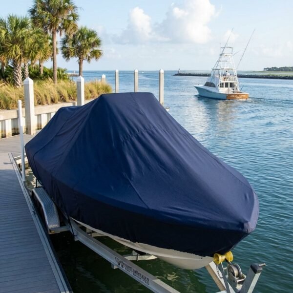 Pathfinder 2400 center console boat cover in Navy Sunbrella fabric at Amelia Island, Florida
