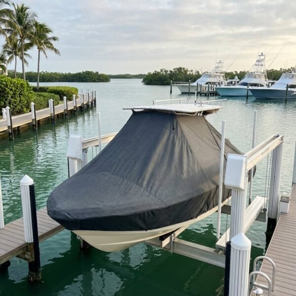 Pathfinder 2400 Open T-Top boat cover in Charcoal Sunbrella fabric on dock lift at Naples, Florida