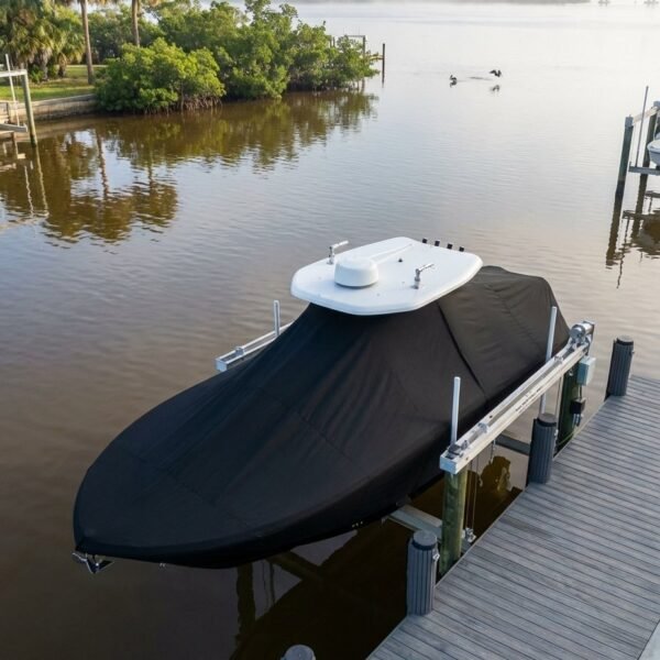 Pathfinder 2400 V T-Top boat cover in Black Sunbrella fabric on dock lift at Punta Gorda, Florida