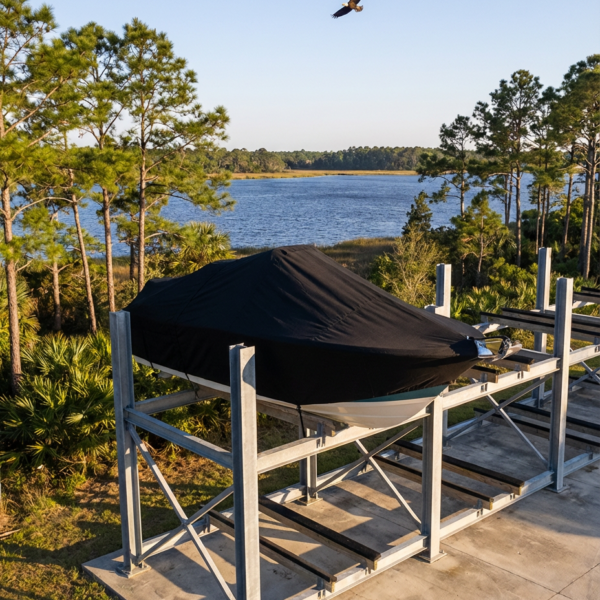 Pathfinder 2500 center console boat cover in Black Sunbrella fabric at Jacksonville, Florida