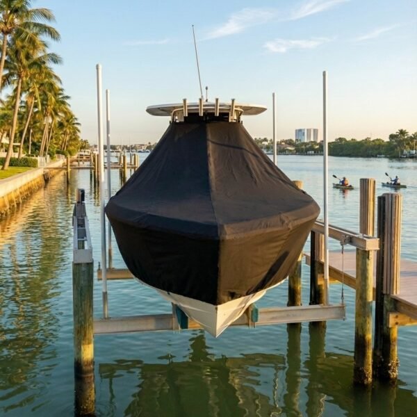 Pathfinder 2500 T-Top boat cover in Charcoal Sunbrella fabric on dock lift at Cocoa Beach, Florida