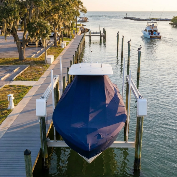 Pathfinder 2600 HPS T-Top boat cover in Navy Sunbrella fabric on dock lift at New Smyrna Beach, Florida
