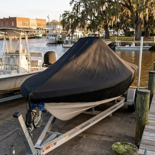 Boat on a trailer covered with a dark sail/canvas cover at a marina dock, with water and other boats in the background.
