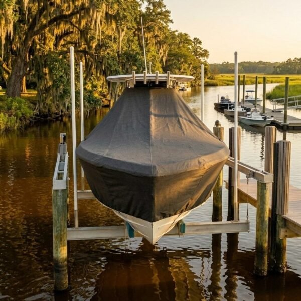 Boat covered with a black tarp on a lift at a wooden dock by a calm river at sunset.