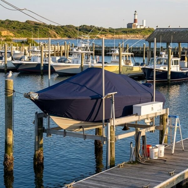 A covered boat on a lift at a marina dock, with calm water, multiple boats in the background, and a lighthouse visible on a hill in the distance.