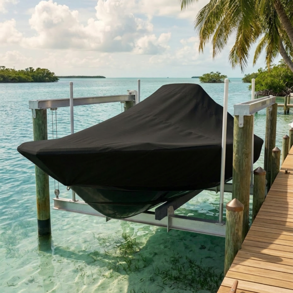 Boat covered with a black tarp on a metal/wood boat lift at a clear turquoise-water dock, palm tree overhead, seaside horizon.