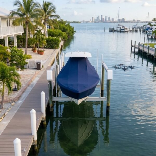 Blue boat on a lift at a marina, near a boardwalk with palm trees and a distant city skyline on calm water.
