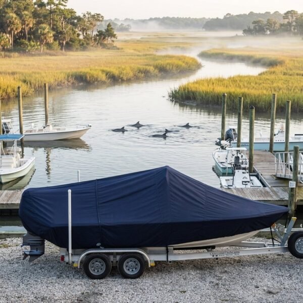 Covered boat on a dual-axle trailer at a marina, with calm water and marsh in the distance under soft morning light.