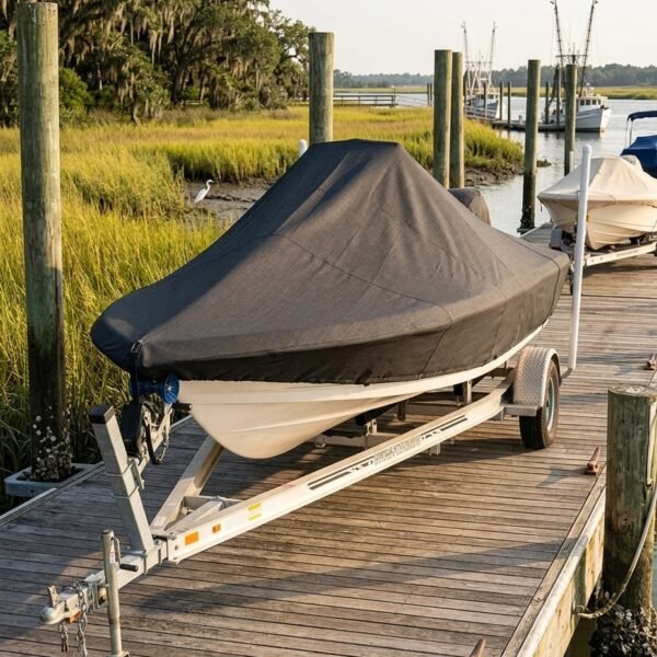 Covered boat on a trailer parked on a wooden dock beside marsh grass and calm water.
