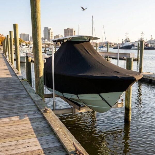 Covered boat on a lift at a marina, with a city skyline and a seagull flying overhead.
