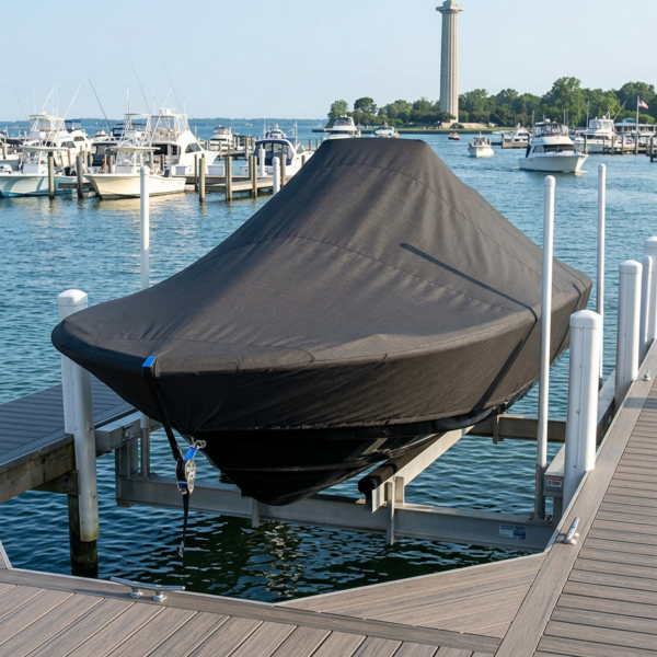 Covered motorboat on a boat lift at a marina, with calm water and a distant lighthouse in the background.